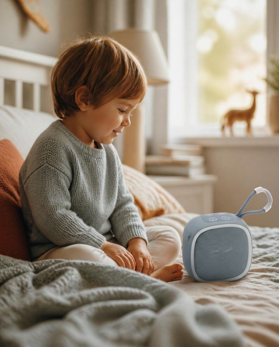 Enfant écoutant une histoire sur le boîtier audio