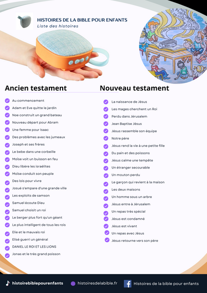 Boîtier audio avec 42 histoires bibliques (2 couleurs disponibles)